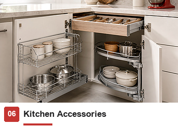 kitchen accessories including pull-out wire baskets, corner storage systems, drawer organizers and cabinet fittings